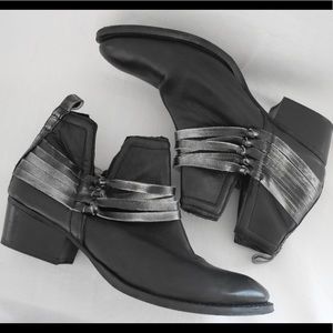 Black Leather Booties with Leather Knotted Fringe